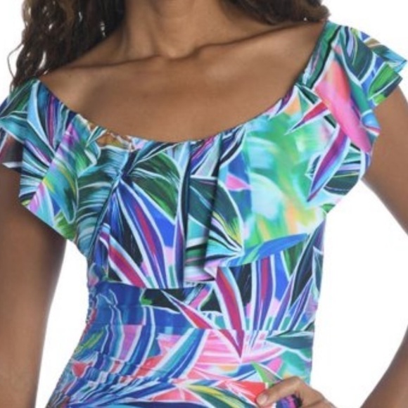La Blanca Multicolor Palm Opulence Off Shoulder Ruffle One Piece Swimsuit - Picture 5 of 15